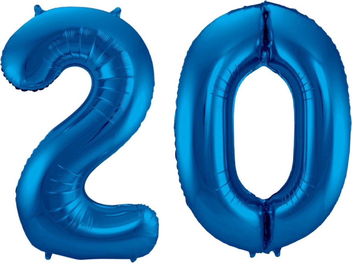 Ballon Cijfer 20 Jaar Blauw 36Cm Verjaardag Feestversiering Met Rietje