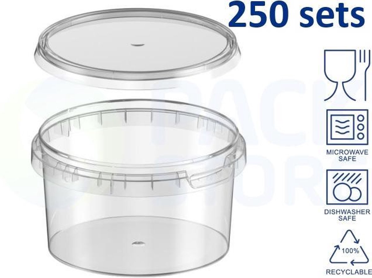 250 x Plastic vershoudbakjes met deksel - 480 ml - rond ø118mm - transparant - geschikt voor diepvries