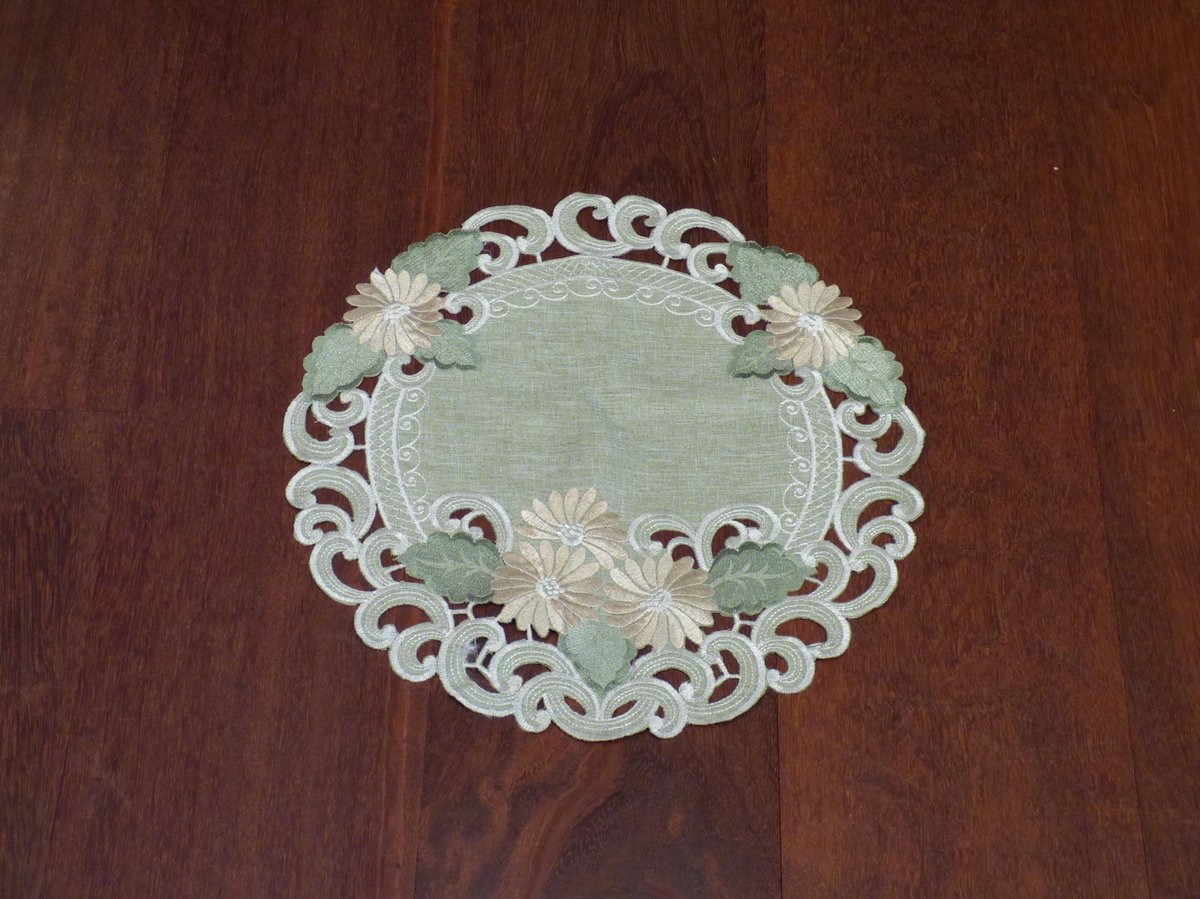 Tafelkleed serie: Linnenlook Groen met bloemen - Rond 40 cm