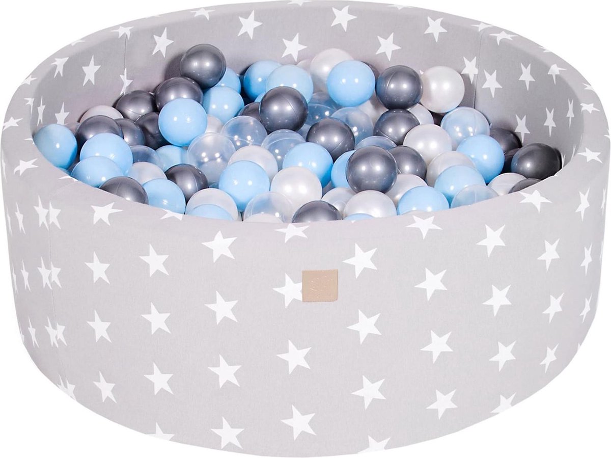 MeowBaby® Ronde Ballenbak set incl 200 ballen 90x30cm - Licht Grijs Sterren: Transparant