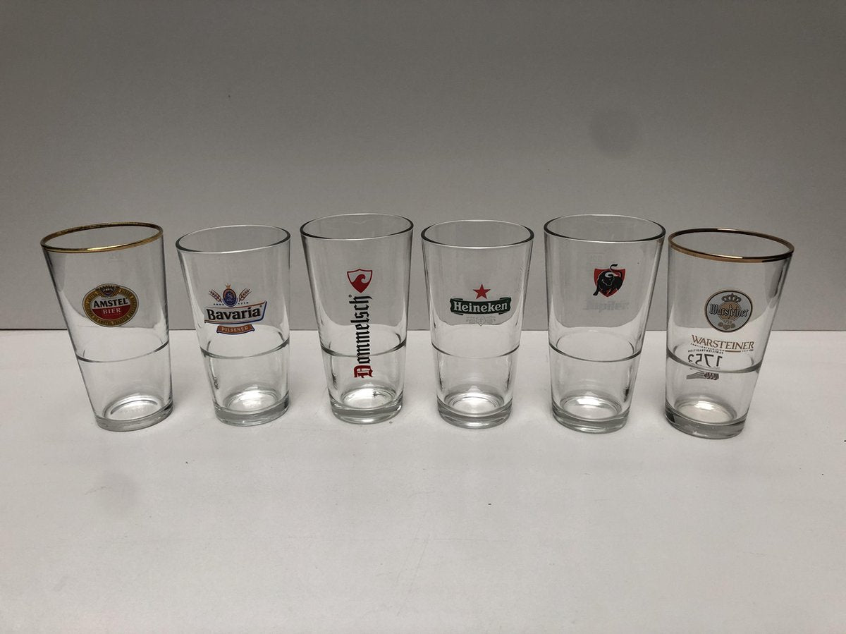 Bierglas vaasje amsterdammertje set van 6 verschillende bierglazen bier glas glazen amstel bavaria dommelsch heineken jupiler warsteiner
