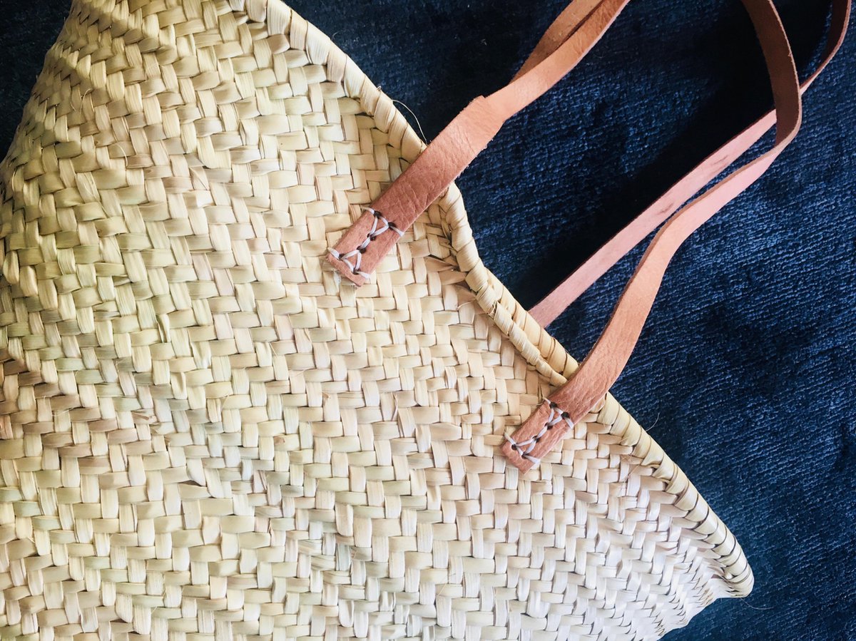 Shopper - boodschappentas - riet met LEREN schouderbanden - Duurzaam - Pepitamia.NL