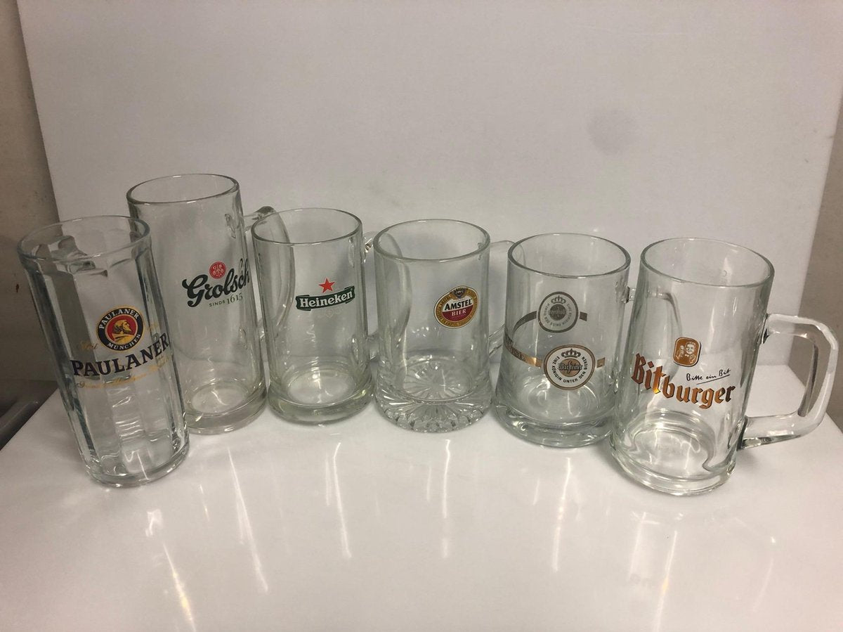 6 x verschillende 50cl bierpullen bierpul pullen amstel grolsch heineken bitburger paulaner warsteiner