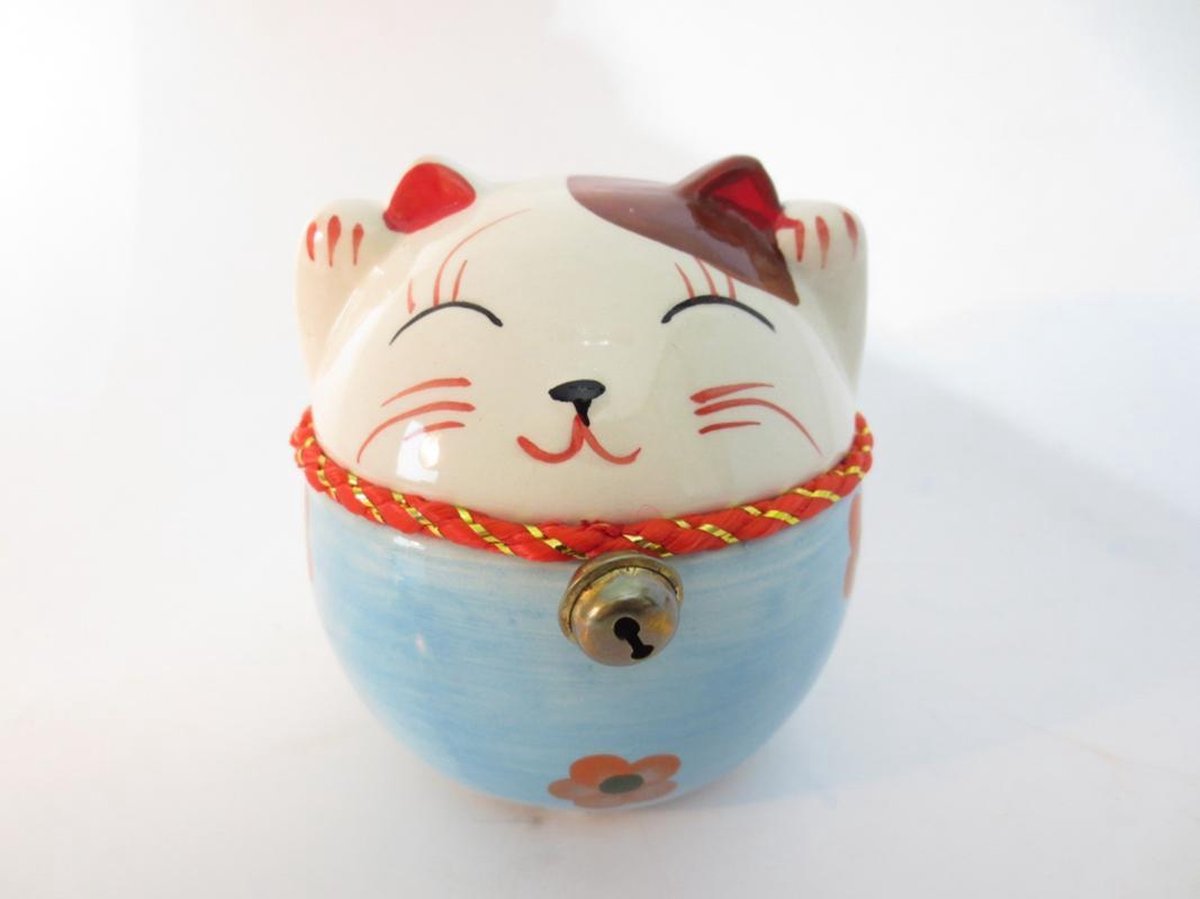 Dikke lucky cat spaarpot met bel groot blauw - 16cm - NatuurDirect
