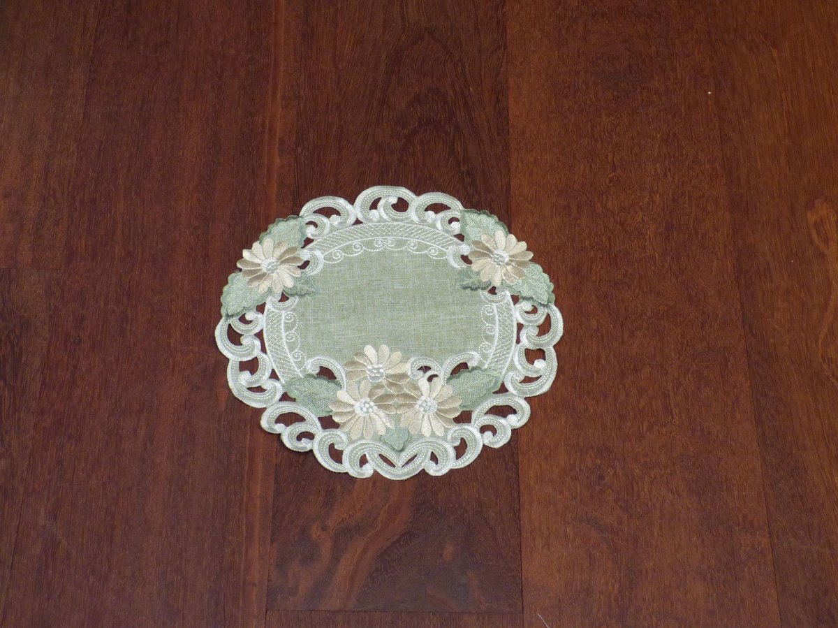 Tafelkleed serie: Linnenlook Groen met bloemen - Rond 30 cm