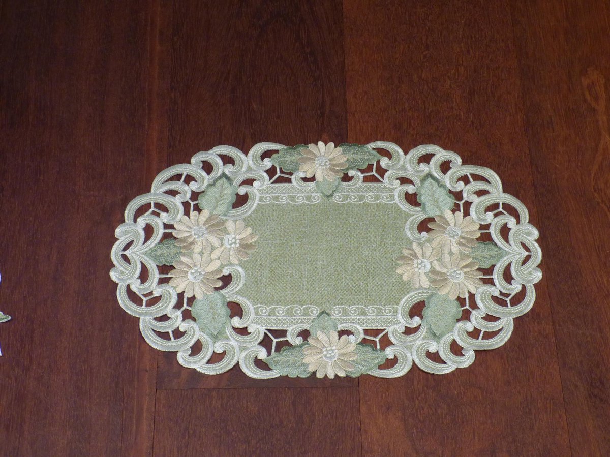 Tafelkleed serie: Linnenlook Groen met bloemen - Loper 45 cm