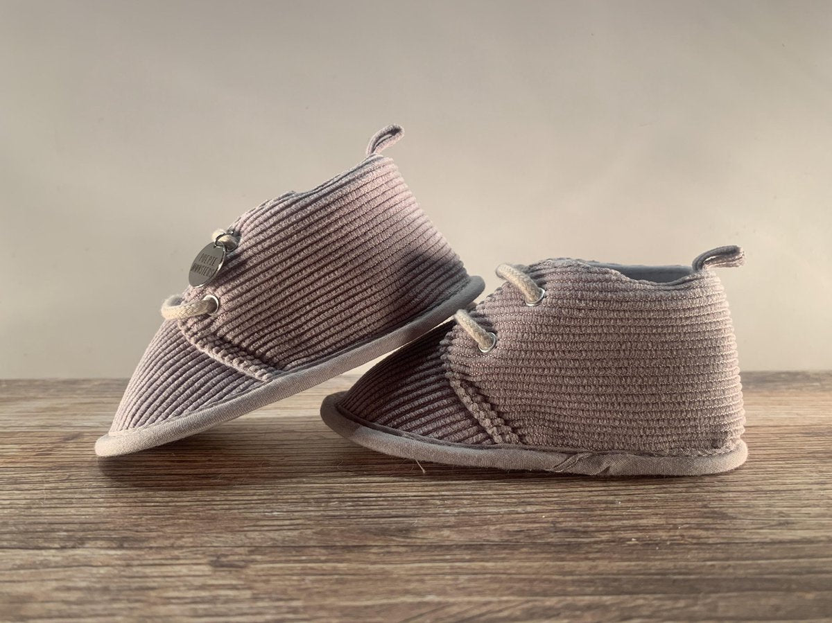 Babyslofjes - Ribstof grijs - Met veters - Antislip - 7-12 maanden - Baby Cadeau
