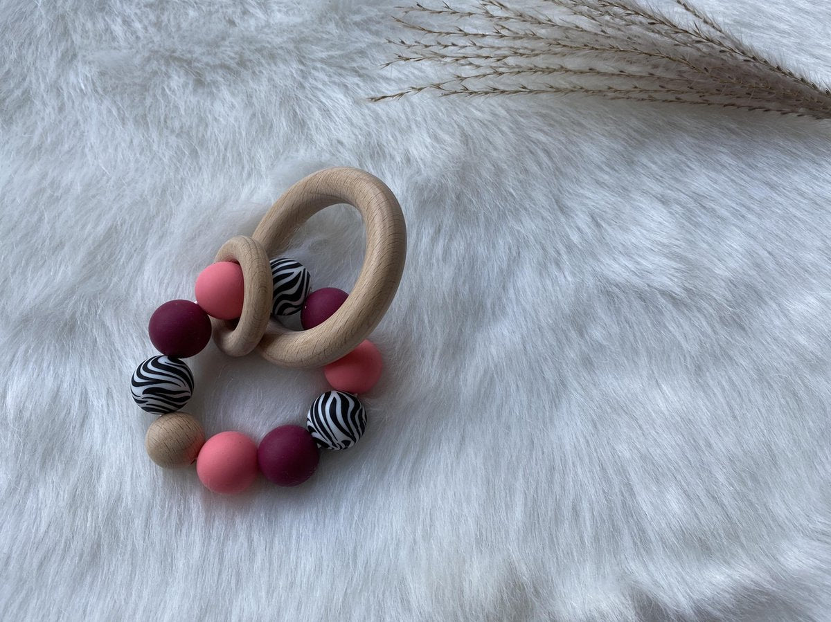 SIIDDS Bijtring/ rammelaar zebra/ flamingo roze - baby - doorkomende tandjes - bijt speelgoed - siliconen/hout - kraamcadeau - cadeau - babyshower