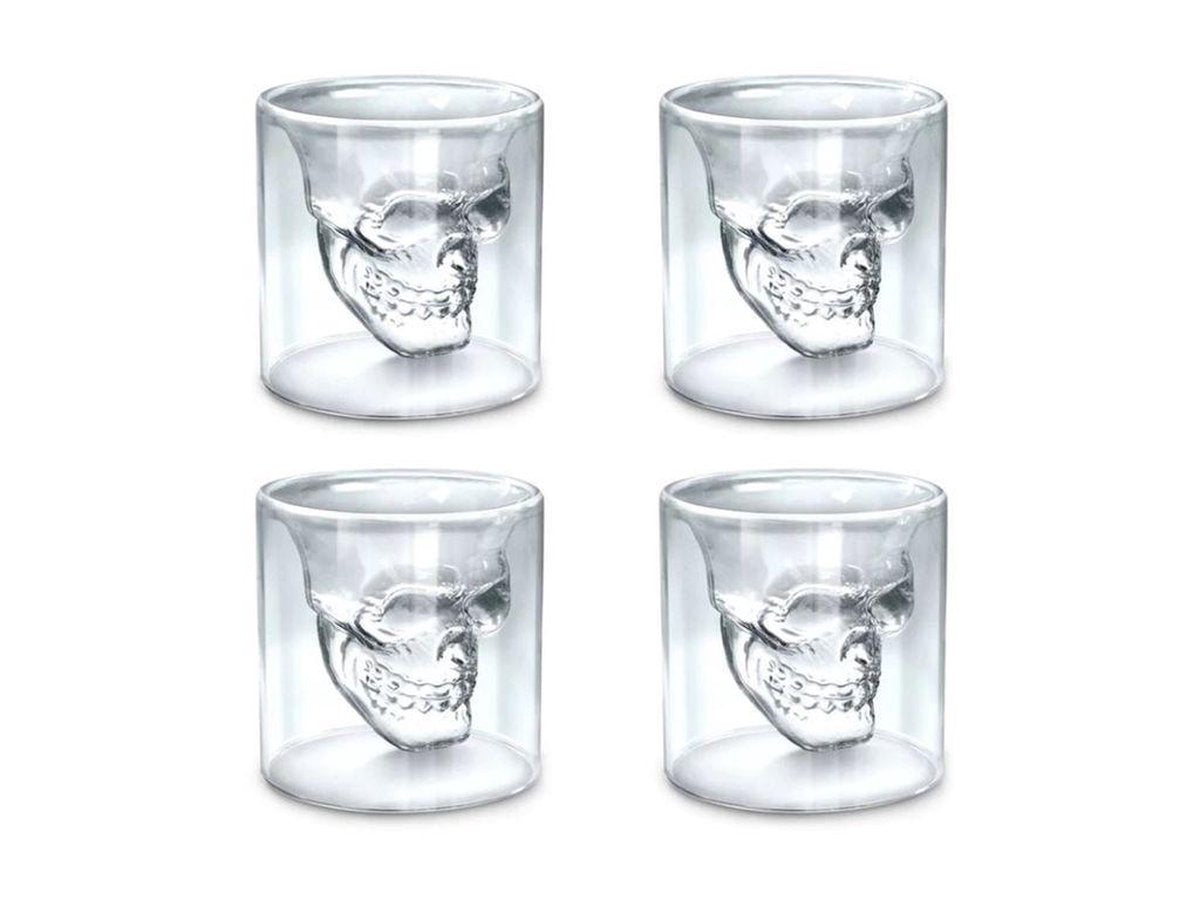 Aretica Shot glaasjes Skull gift set van 4 - Inhoud 25ml - Ø 4.7cm - Schedel shot glaasjes set van 4 - Glazen glaasjes met doodshoofd - Transparant - Borrelglas - Drankspel