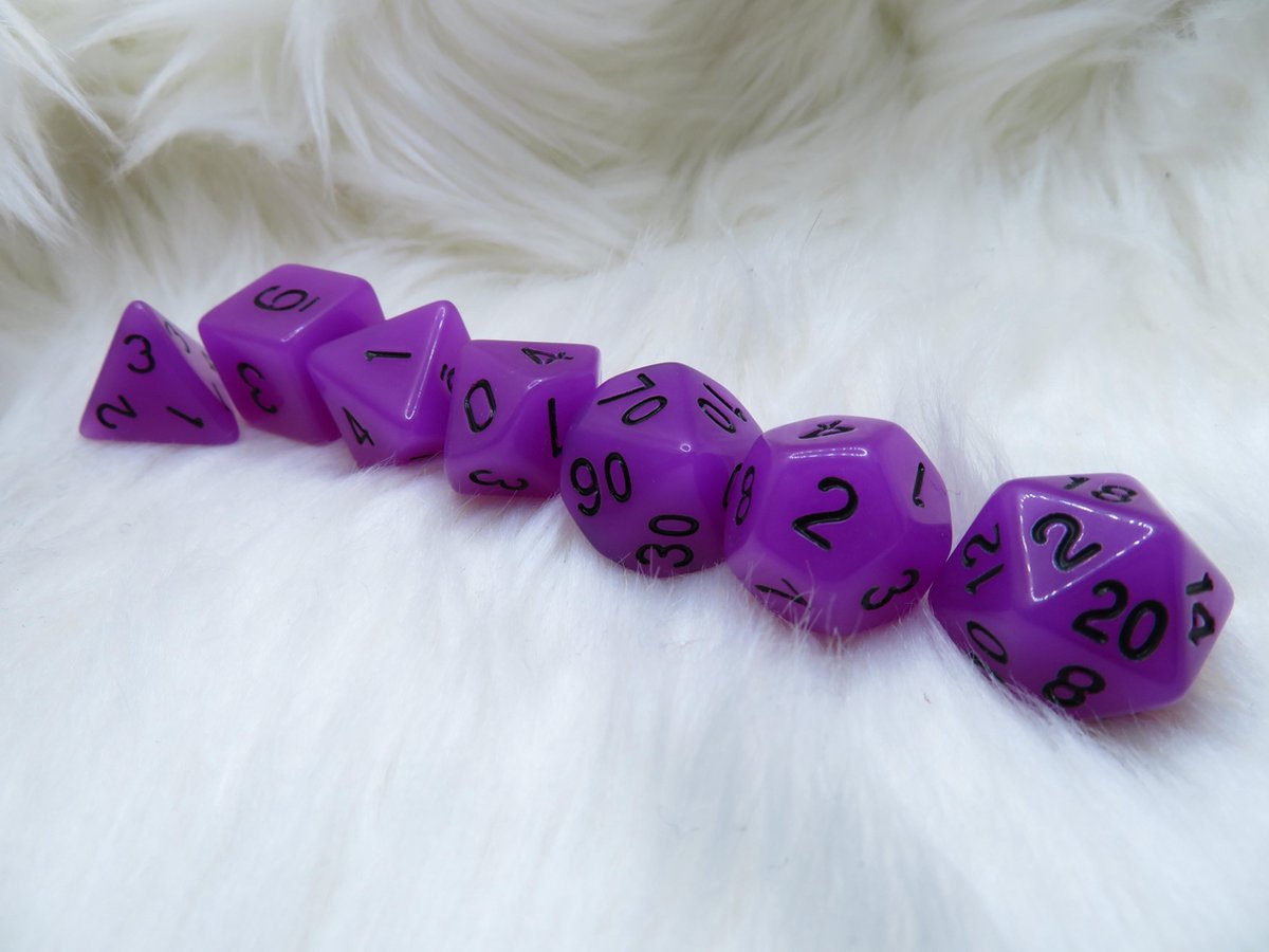 Polyset Dice | Dobbelstenen - Set Van 7 Stuks - Paars Blauw Glow in the Dark Zwart| Voor D&D en Andere Rollenspellen | Plastic Dobbelstenen Set voor Dungeons and Dragons | Polyhedral Dice Set