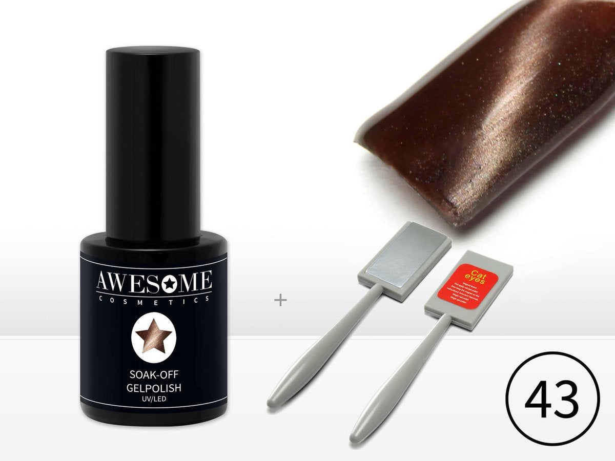 Awesome #43 Cat-Eye  Chique Warm Bruin Magneet - Magnetic Gelpolish incl. Cat-Eye Magneet Stick- Gellak - Gel nagellak - UV & LED