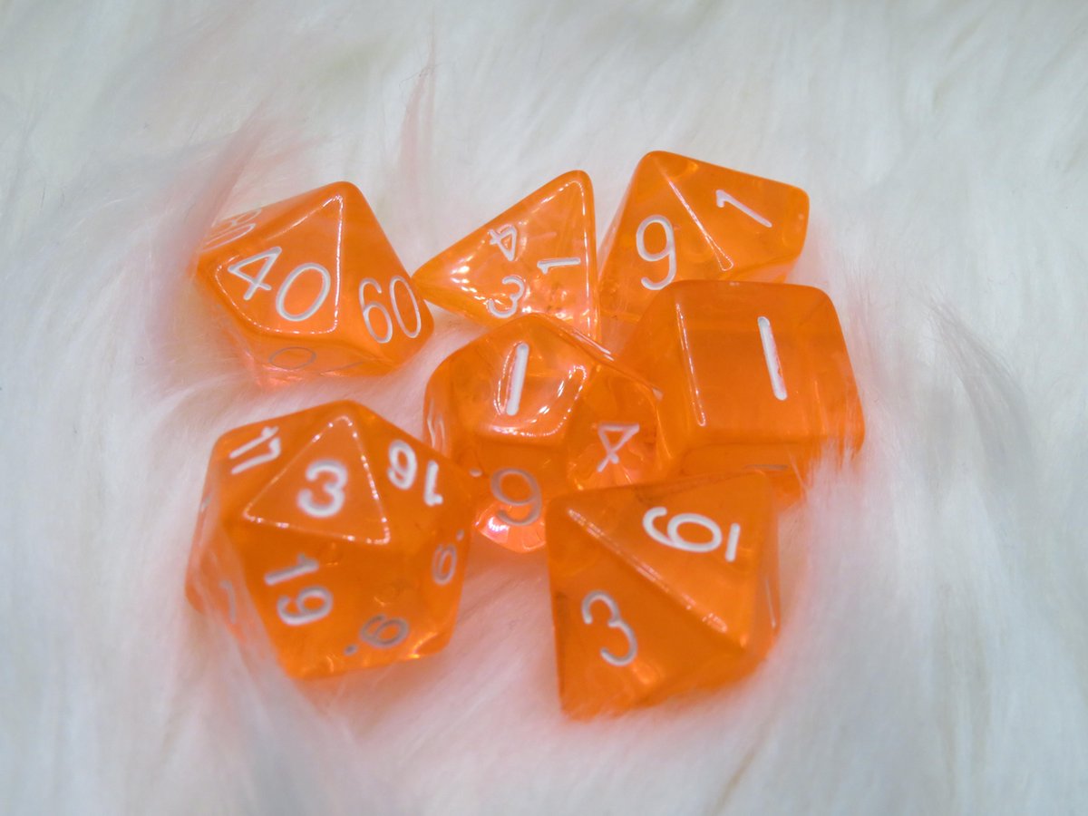 Polyset Dice | Dobbelstenen - Set Van 7 Stuks - Oranje Roze Wit Doorzichtig Transparant| Voor D&D en Andere Rollenspellen | Plastic Dobbelstenen Set voor Dungeons and Dragons | Polyhedral Dice Set