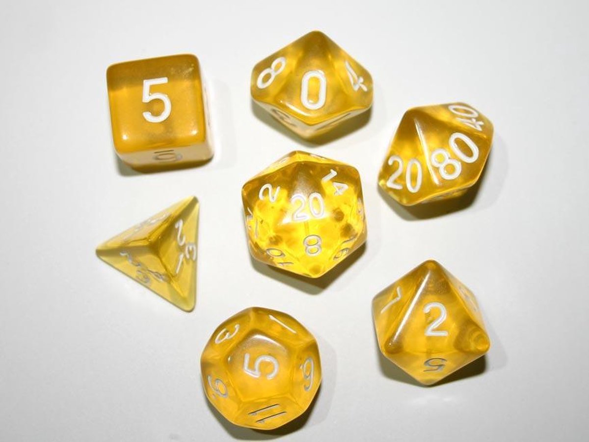 Polydice set 7 stuks - Polyhedral dobbelstenen set  | dungeons and dragons dnd dice| D&D  Pathfinder RPG |  Goudgeel doorzichtig