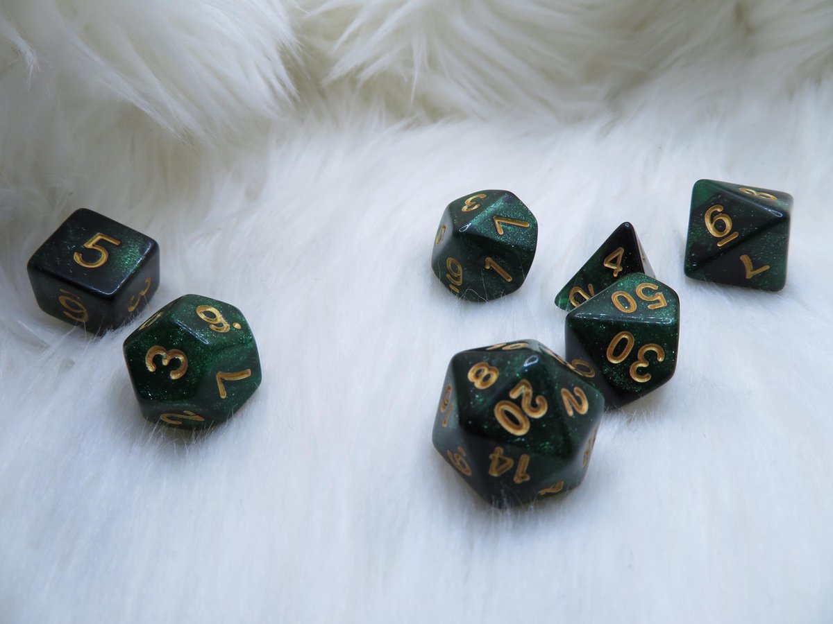 Polyset Dice | Dobbelstenen - Set Van 7 Stuks - Groen Zwart Glitters Transparant Doorzichtig Goud| Voor D&D en Andere Rollenspellen | Plastic Dobbelstenen Set voor Dungeons and Dragons | Polyhedral Dice Set