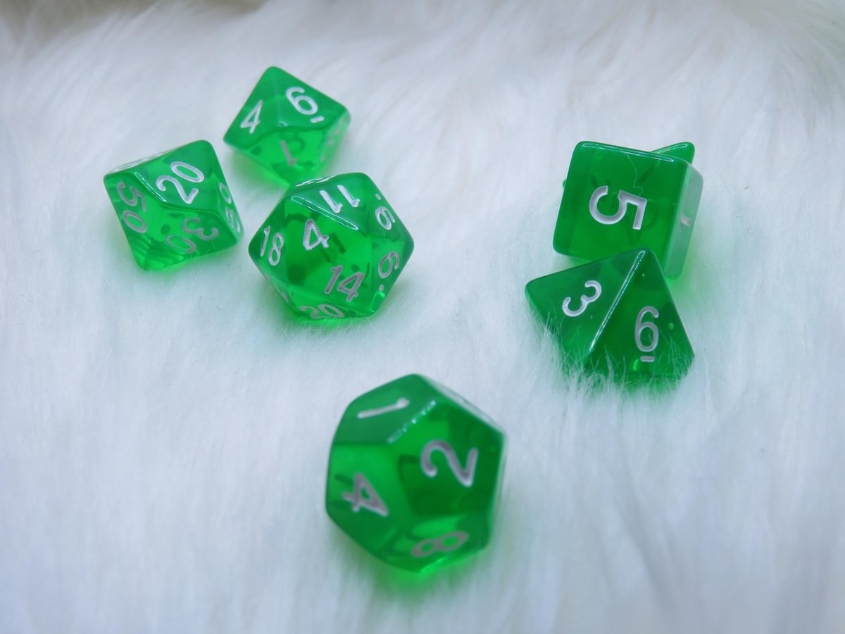 Polyset Dice | Dobbelstenen - Set Van 7 Stuks - Groen Wit Doorzichtig Transparant| Voor D&D en Andere Rollenspellen | Plastic Dobbelstenen Set voor Dungeons and Dragons | Polyhedral Dice Set