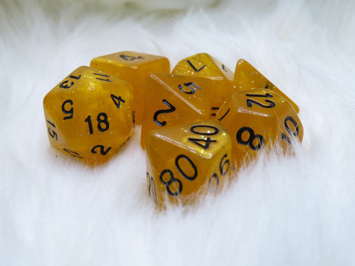 Polyset Dice | Dobbelstenen - Set Van 7 Stuks - Oranje Geel Glitters Zwart Transparant| Voor D&D en Andere Rollenspellen | Plastic Dobbelstenen Set voor Dungeons and Dragons | Polyhedral Dice Set