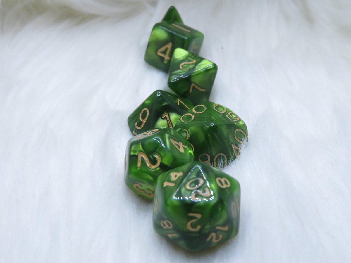 Polyset Dice | Dobbelstenen - Set Van 7 Stuks - Groen Geel Marmer Parelmoer Goud | Voor D&D en Andere Rollenspellen | Plastic Dobbelstenen Set voor Dungeons and Dragons | Polyhedral Dice Set