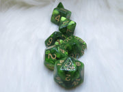 Polyset Dice | Dobbelstenen - Set Van 7 Stuks - Groen Geel Marmer Parelmoer Goud | Voor D&D en Andere Rollenspellen | Plastic Dobbelstenen Set voor Dungeons and Dragons | Polyhedral Dice Set
