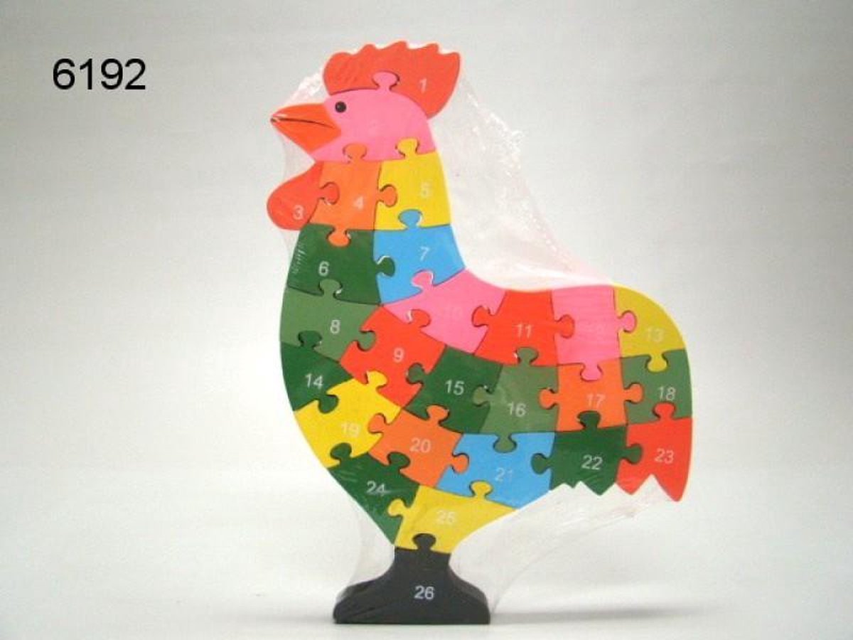 Vormenpuzzel haan met alfabet en cijfers