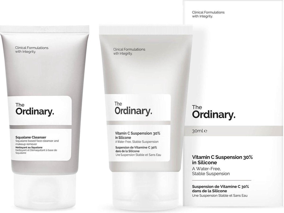 Duo set The Ordinary Healthy skin | Vitamin C Suspension Cream 30% in Silicone | Squalane Cleanser die make-up verwijdert en de huid zacht laat aanvoelen
