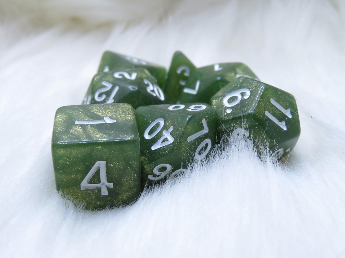 Polyset Dice | Dobbelstenen - Set Van 7 Stuks - Groen Glitters Wit Transparant| Voor D&D en Andere Rollenspellen | Plastic Dobbelstenen Set voor Dungeons and Dragons | Polyhedral Dice Set