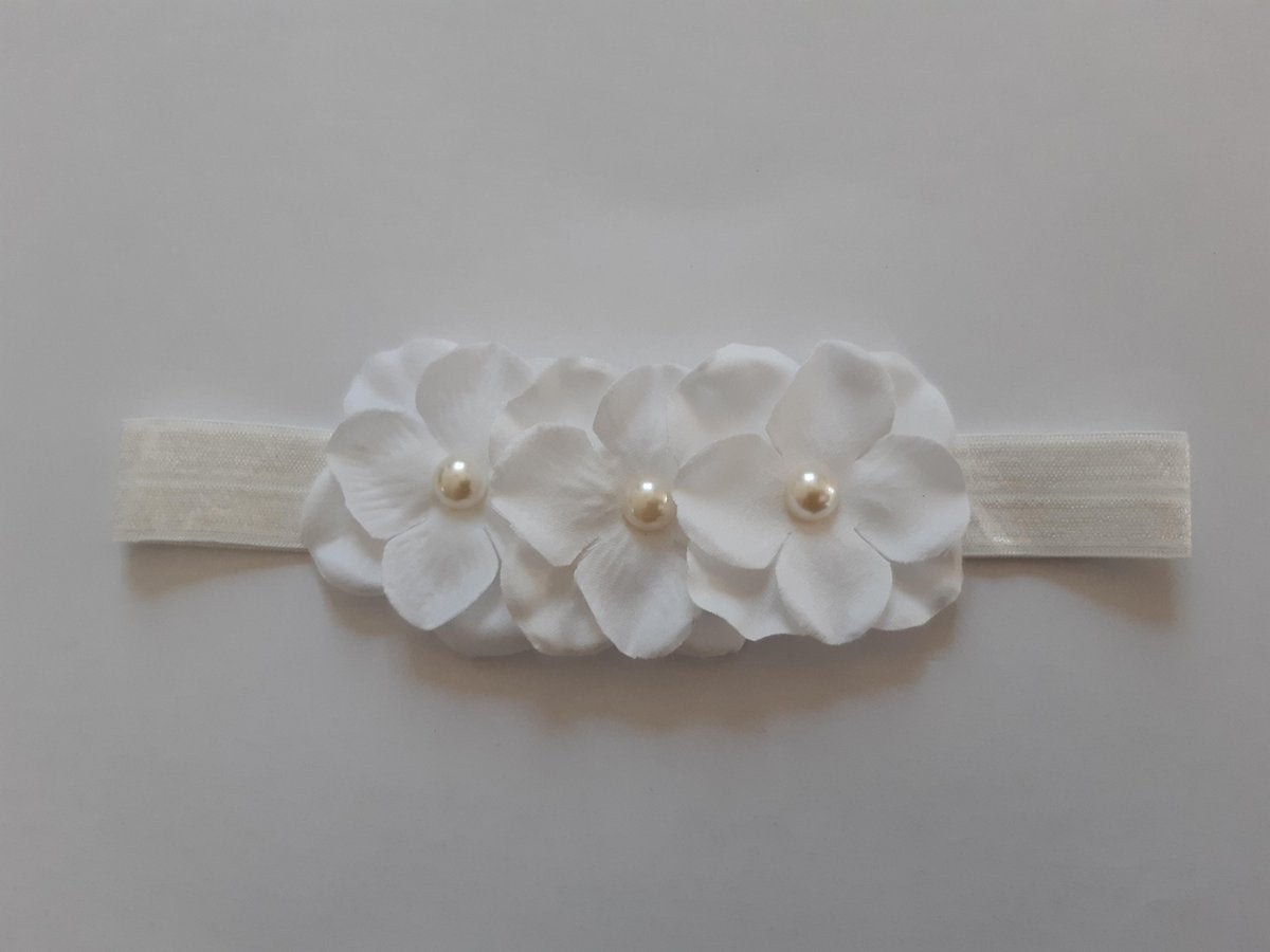 Le Sjalerie Haarband kids met bloemen en parels Wit Hoofdband