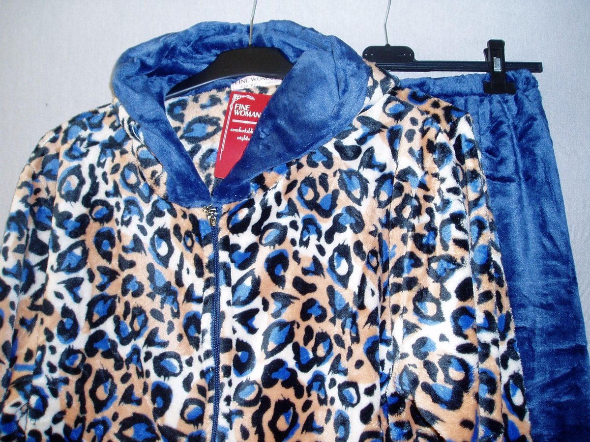 Huispak panterprint  velours Fine women capuchon zakken lange rits blauw M