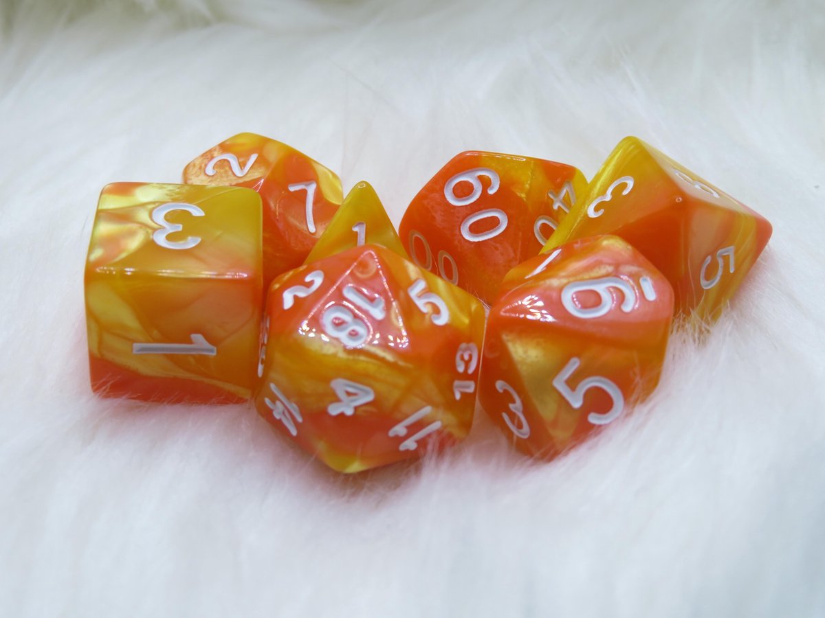 Polyset Dice | Dobbelstenen - Set Van 7 Stuks - Oranje Geel Marmer Parelmoer Wit | Voor D&D en Andere Rollenspellen | Plastic Dobbelstenen Set voor Dungeons and Dragons | Polyhedral Dice Set