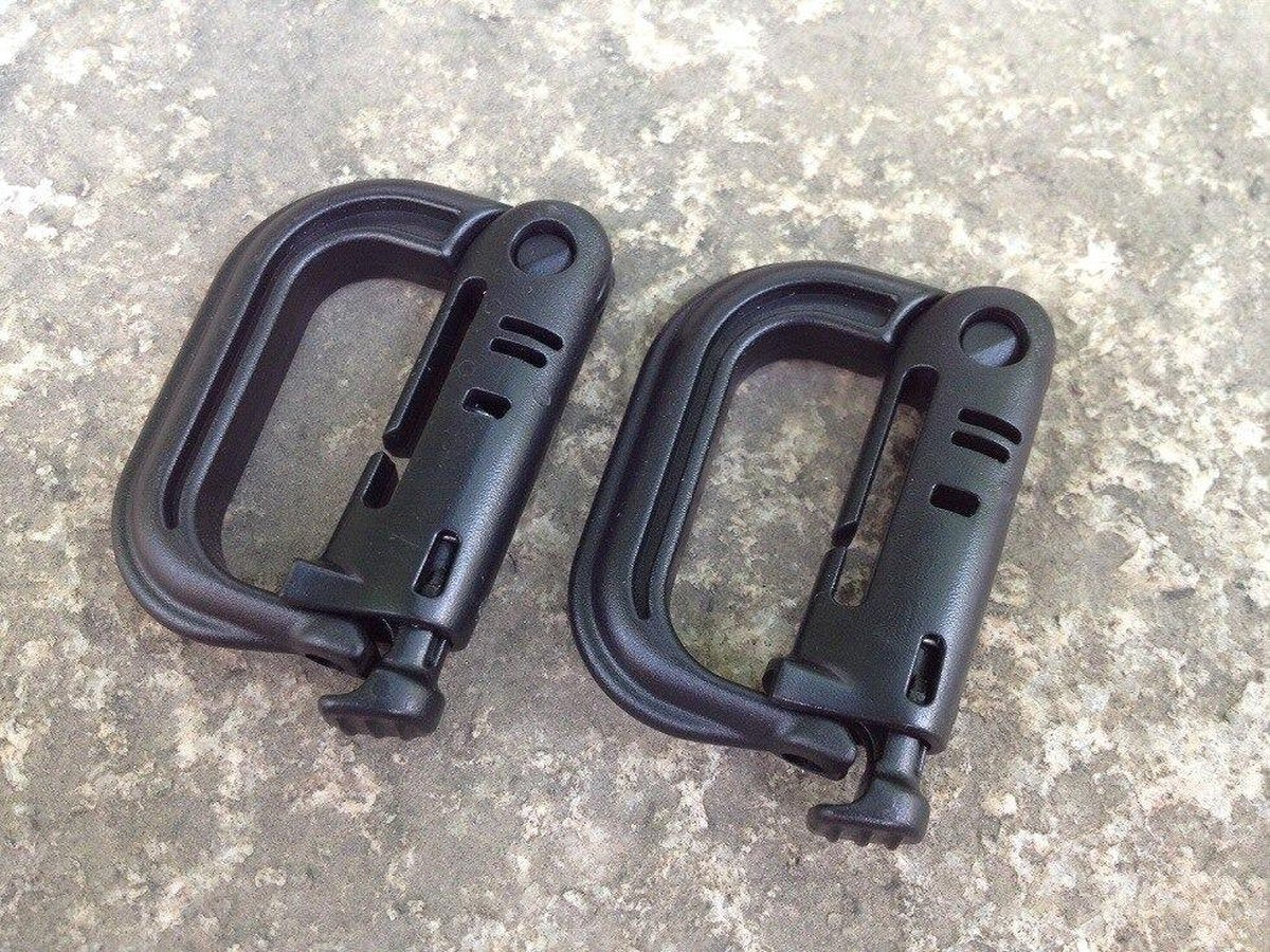 2 X Grimloc Molle Karabijnhaak - D Locking - Plastic Clip - Gesp - Karabijnhaak - Sleutelhanger - Zwart