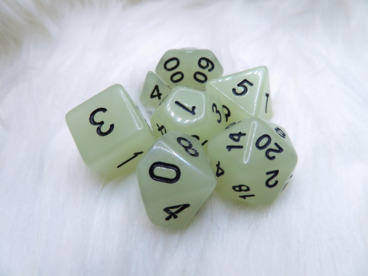 Polyset Dice | Dobbelstenen - Set Van 7 Stuks - Naturel Groen Glow in the Dark Zwart| Voor D&D en Andere Rollenspellen | Plastic Dobbelstenen Set voor Dungeons and Dragons | Polyhedral Dice Set