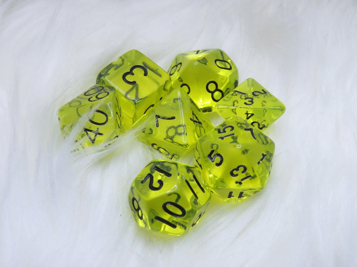 Polyset Dice | Dobbelstenen - Set Van 7 Stuks - Geel Groen Zwart Doorzichtig Transparant| Voor D&D en Andere Rollenspellen | Plastic Dobbelstenen Set voor Dungeons and Dragons | Polyhedral Dice Set