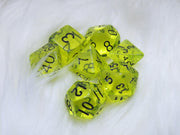 Polyset Dice | Dobbelstenen - Set Van 7 Stuks - Geel Groen Zwart Doorzichtig Transparant| Voor D&D en Andere Rollenspellen | Plastic Dobbelstenen Set voor Dungeons and Dragons | Polyhedral Dice Set