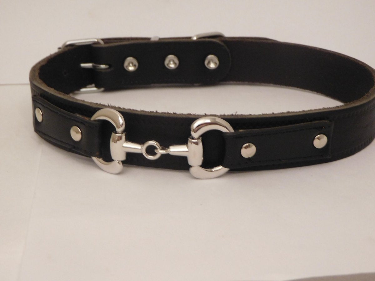 Zwarte leren halsband met paardenbit maat L