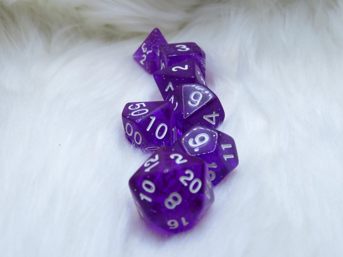 Polyset Dice | Dobbelstenen - Set Van 7 Stuks - Paars Glitters Wit Doorzichtig Transparant| Voor D&D en Andere Rollenspellen | Plastic Dobbelstenen Set voor Dungeons and Dragons | Polyhedral Dice Set
