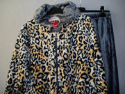 Huispak panterprint velours  Fine women capuchon zakken en lange rits grijs XXXL