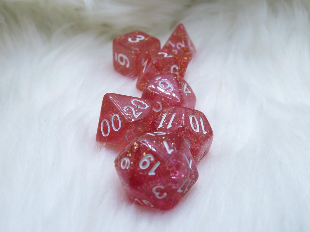 Polyset Dice | Dobbelstenen - Set Van 7 Stuks - Rood Roze Glitters Wit Doorzichtig Transparant| Voor D&D en Andere Rollenspellen | Plastic Dobbelstenen Set voor Dungeons and Dragons | Polyhedral Dice Set