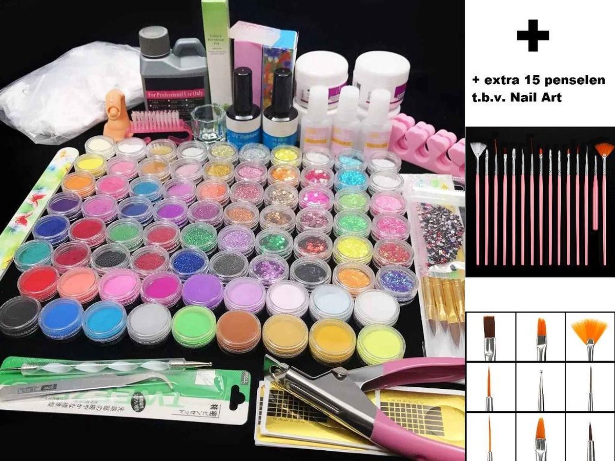 XXL Acrylnagels Pro Pakket | 132 delig | 76 potjes Kleuren / Glitters | Acryl Nagels set | Acryl Starter Kit | Nail Art Pakket | 500 stuks  Witte Franse Nageltips | Manicure Set voor Nail Art Kit | Topcoat _  Basecoat _ UV Gel