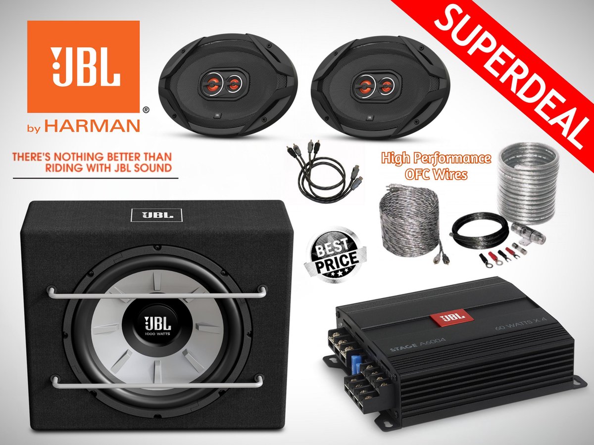 1000W JBL Subwoofer + JBL 4-ch Versterker + JBL Ovale Speakers + OFC Kabelset + Splitter