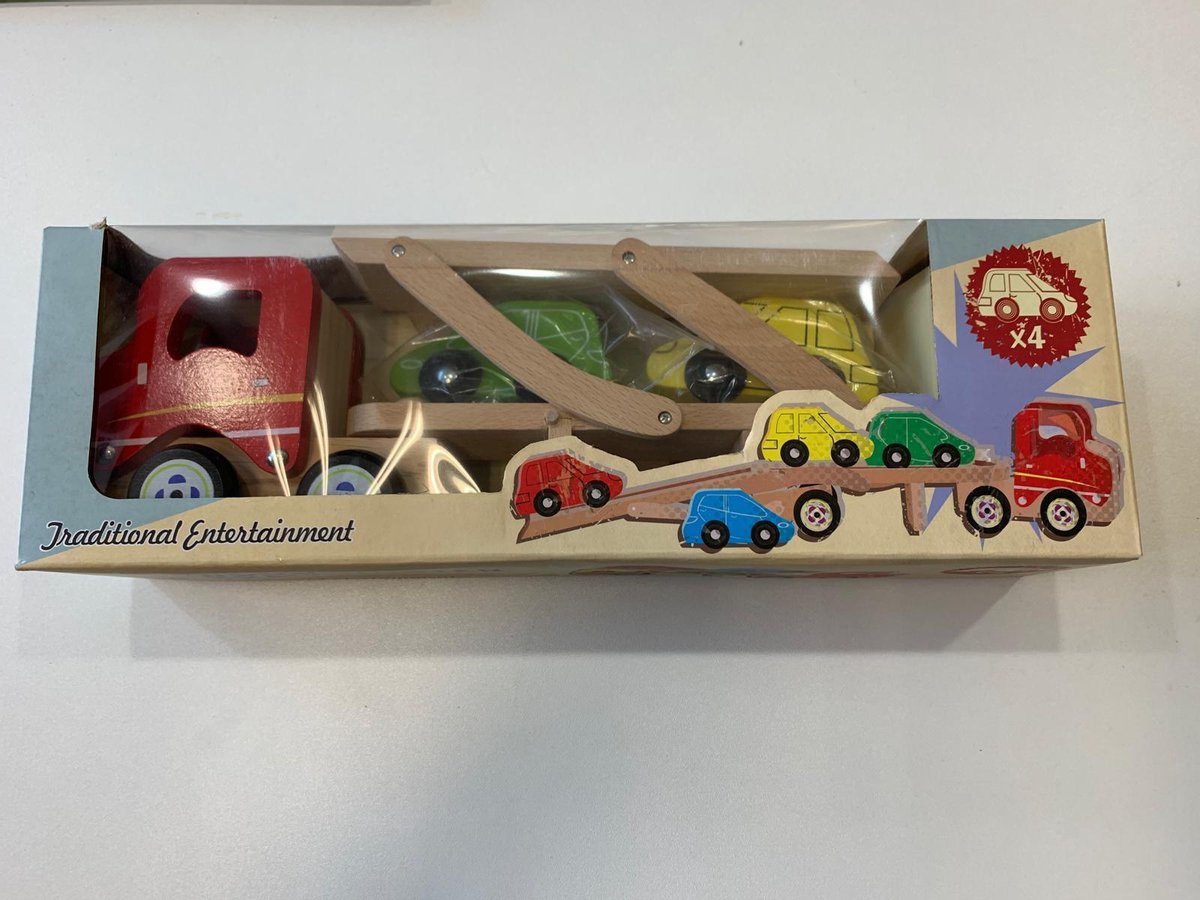 Tobar houten auto transporter rood incl. 4 auto's