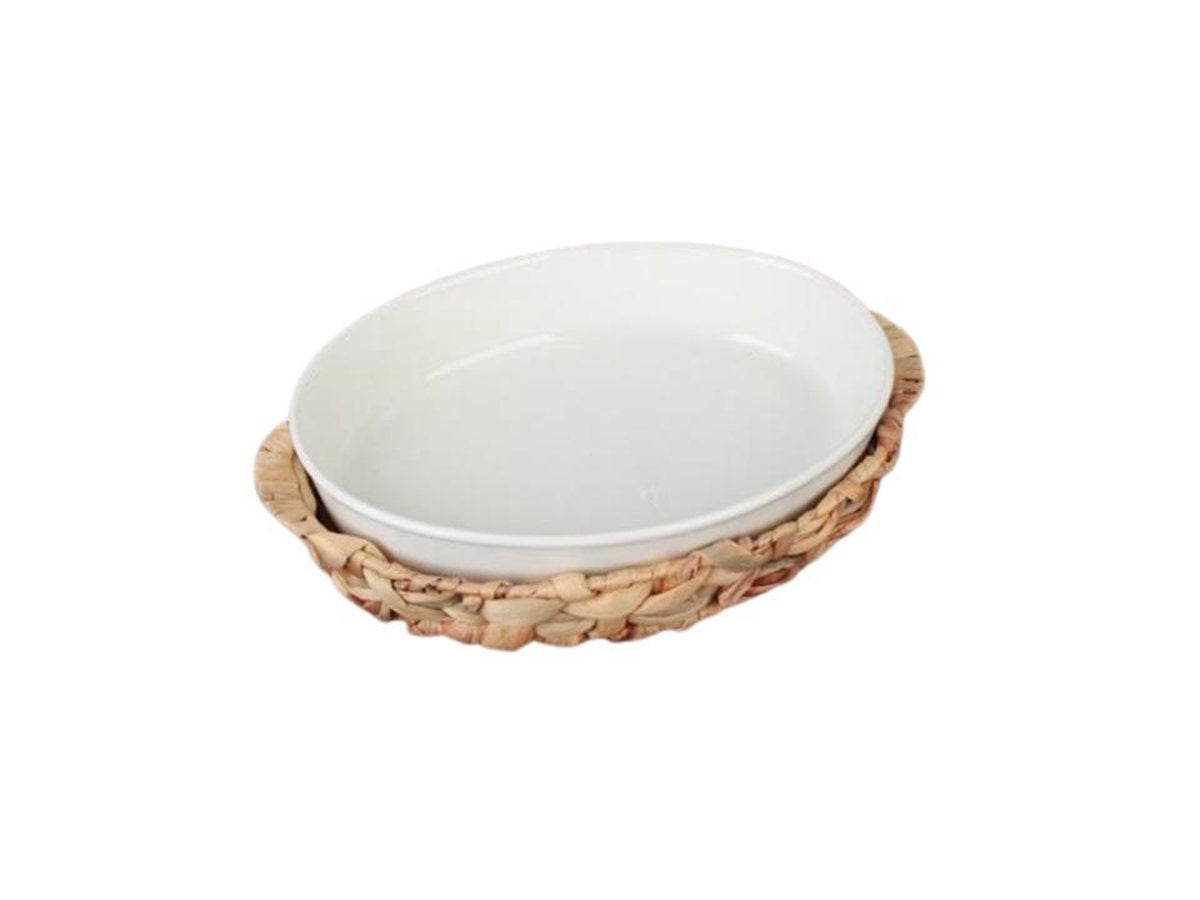 ACR Bianco Perla - Serviesgoed - Ovenkom met Rieten Mand - Porcelain - 25 x40 cm - Wit - Ovaal - OvenPlaat