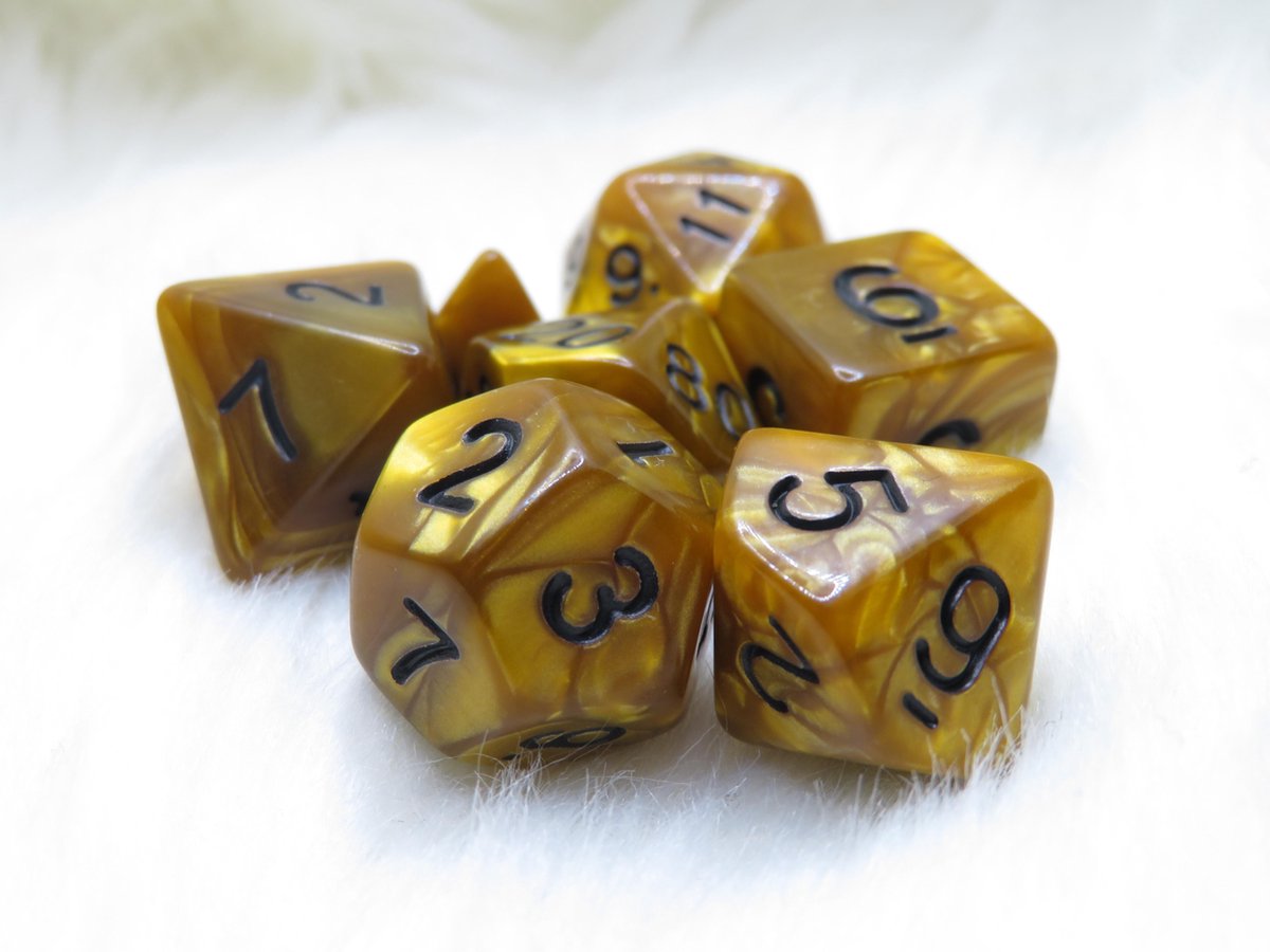 Polyset Dice | Dobbelstenen - Set Van 7 Stuks - Goud Geel Marmer Parelmoer Zwart | Voor D&D en Andere Rollenspellen | Plastic Dobbelstenen Set voor Dungeons and Dragons | Polyhedral Dice Set