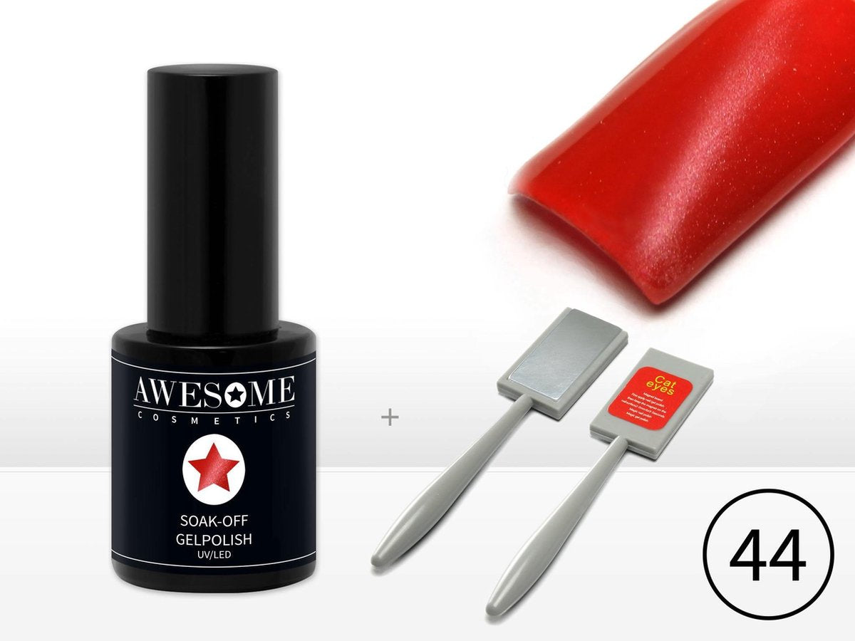 Awesome #44 Cat-Eye  Warm Rood Magneet - Magnetic Gelpolish incl. Cat-Eye Magneet Stick- Gellak - Gel nagellak - UV & LED
