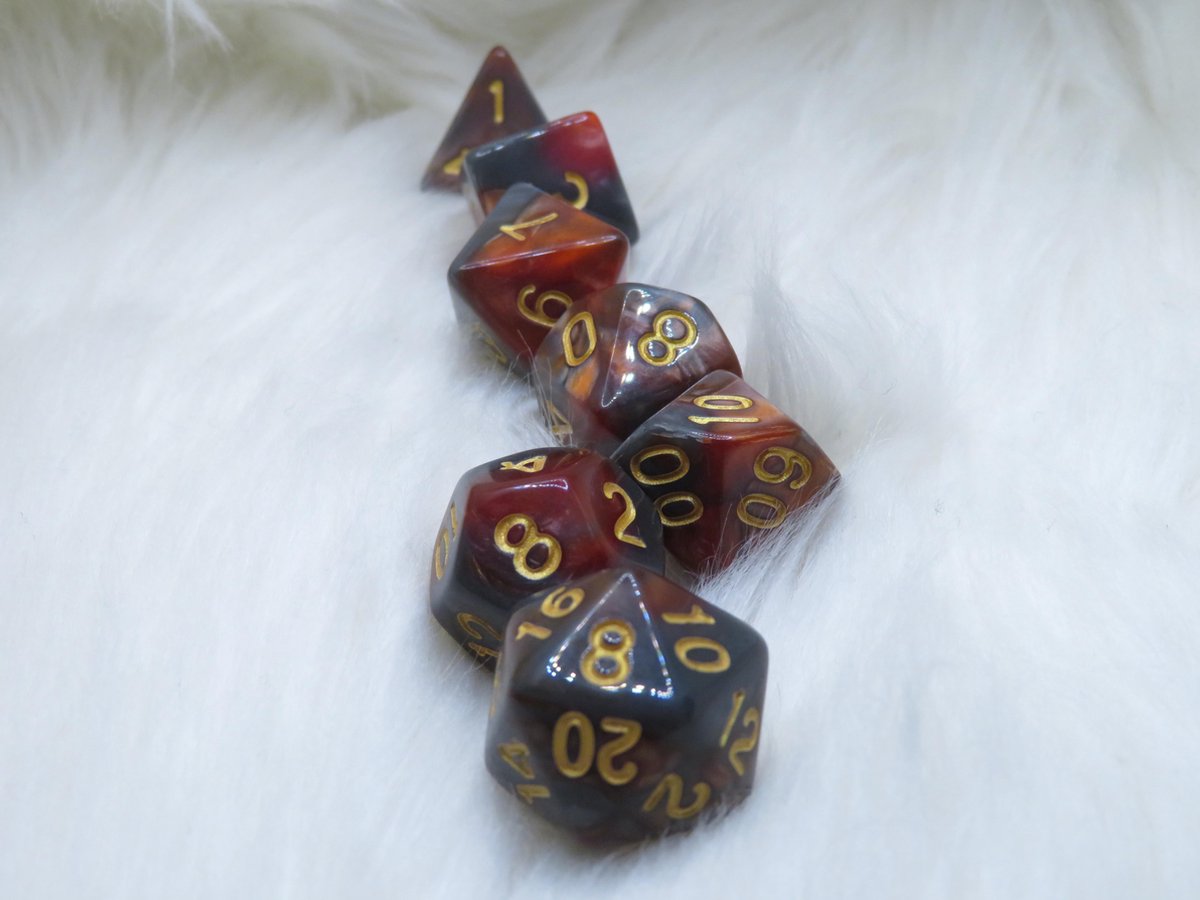 Polyset Dice | Dobbelstenen - Set Van 7 Stuks - Rood Zwart Marmer Parelmoer Goud | Voor D&D en Andere Rollenspellen | Plastic Dobbelstenen Set voor Dungeons and Dragons | Polyhedral Dice Set