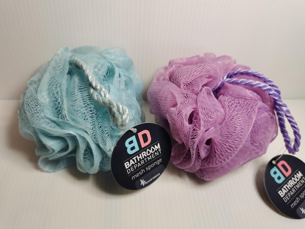 Set van 2 mesh sponzen met stevig koord voor douche of bad  blauw paars