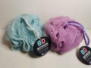 Set van 2 mesh sponzen met stevig koord voor douche of bad  blauw paars