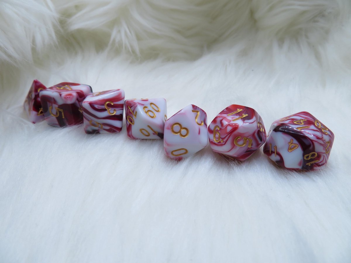 Polyset Dice | Dobbelstenen - Set Van 7 Stuks - Rood Wit Marmer Transparant Doorzichtig Goud| Voor D&D en Andere Rollenspellen | Plastic Dobbelstenen Set voor Dungeons and Dragons | Polyhedral Dice Set