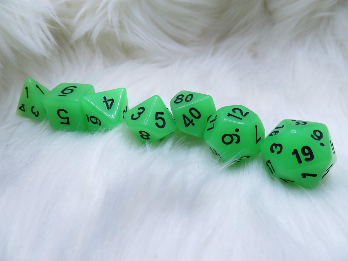 Polyset Dice | Dobbelstenen - Set Van 7 Stuks - Groen Glow in the Dark Zwart| Voor D&D en Andere Rollenspellen | Plastic Dobbelstenen Set voor Dungeons and Dragons | Polyhedral Dice Set