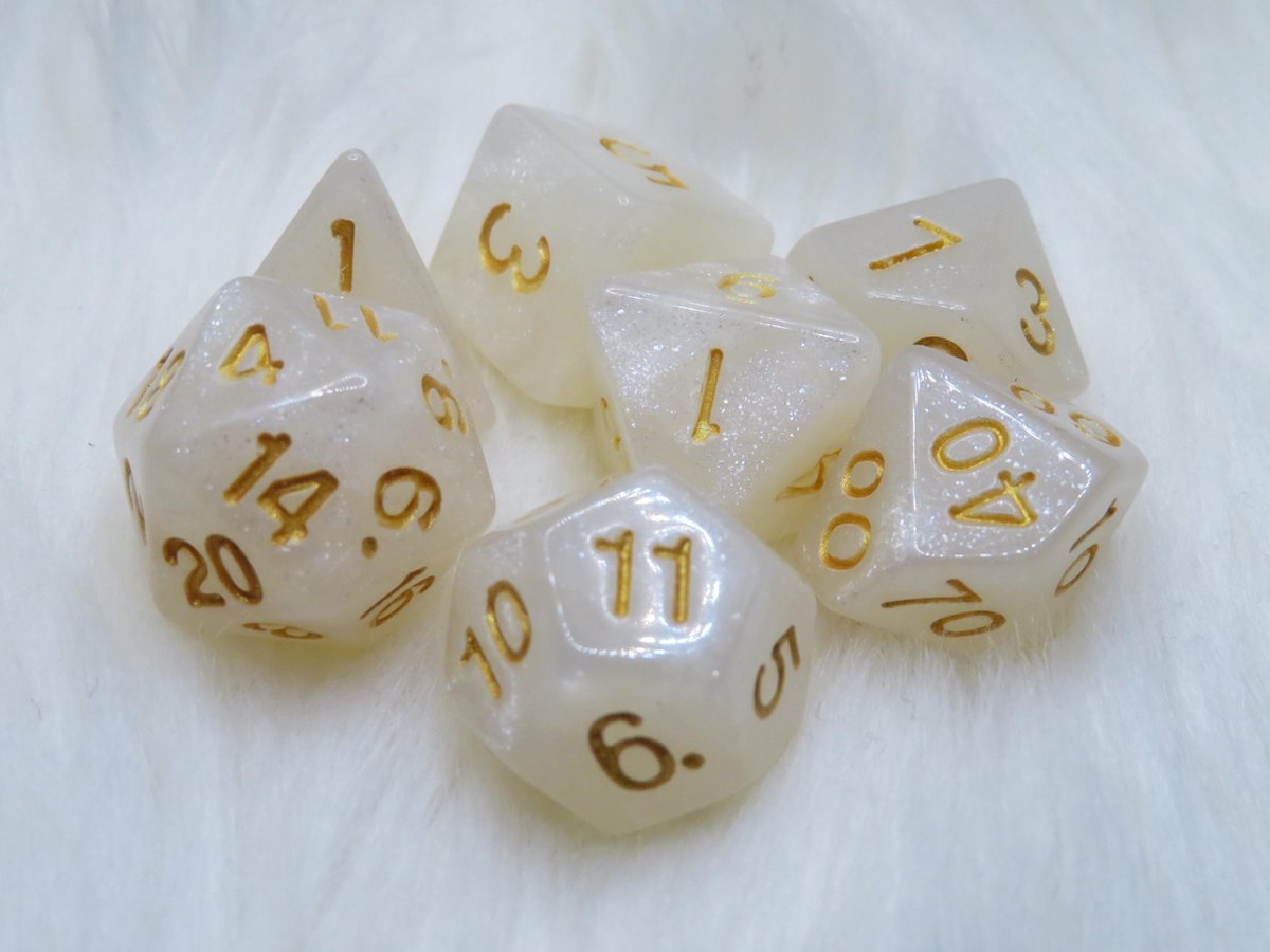Polyset Dice | Dobbelstenen - Set Van 7 Stuks - Wit Glitters Goud Transparant| Voor D&D en Andere Rollenspellen | Plastic Dobbelstenen Set voor Dungeons and Dragons | Polyhedral Dice Set