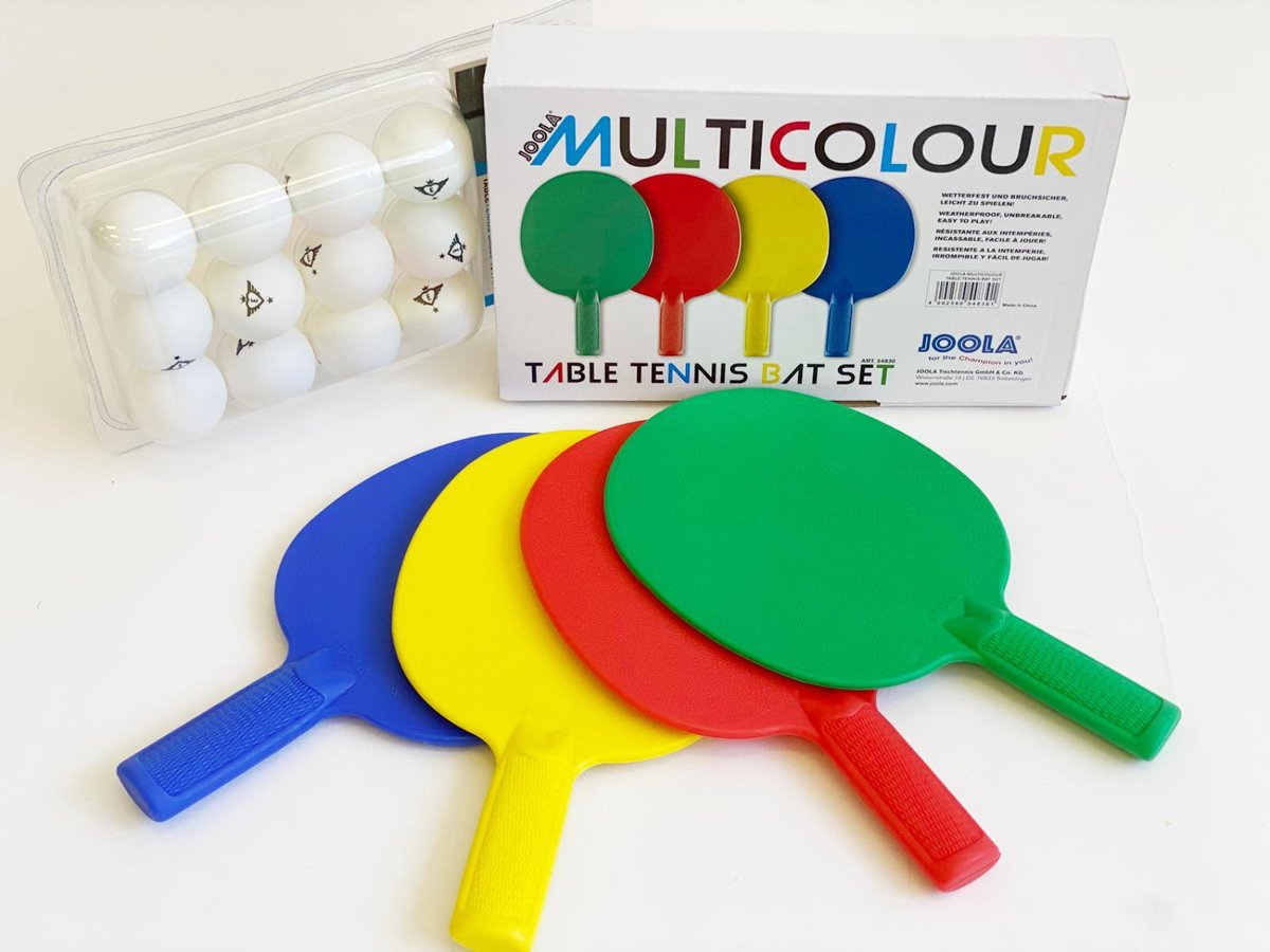 Tafeltennisbat 4 stuks | Kunststof batje | Joola | 12 Tafeltennisballen in blister | Tafeltennis |Tafeltennisbat | Joola | Weerbestendig | Set van 4 | Tafeltennisbatset