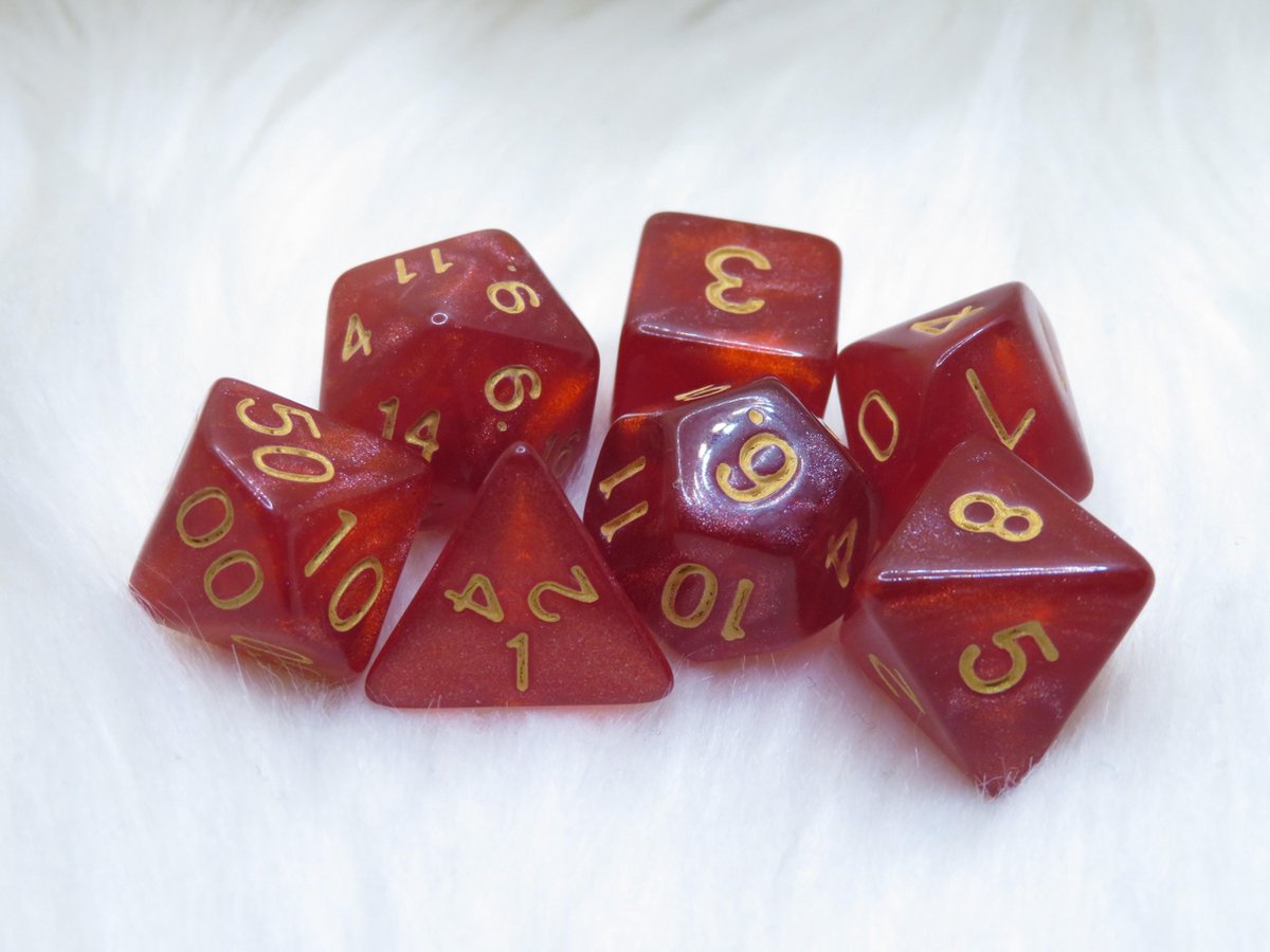 Polyset Dice | Dobbelstenen - Set Van 7 Stuks - Rood Glitters Goud Transparant| Voor D&D en Andere Rollenspellen | Plastic Dobbelstenen Set voor Dungeons and Dragons | Polyhedral Dice Set